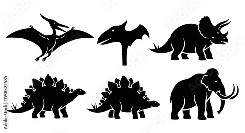 Prehistoric Animals Silhouettes Collection - Dinosaurs, Pterodactyl, Stegosaurus, and Woolly Mammoth Icons