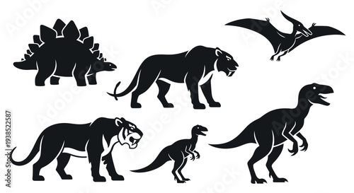 Prehistoric Animals and Dinosaurs Silhouettes Set: Extinct Creatures Collection