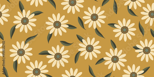 Seamless pattern of stylized daisies with green leaves on a mustard yellow background floral daisy