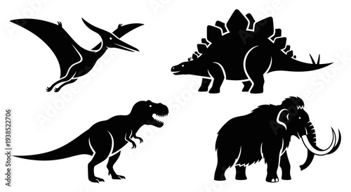 Prehistoric Animals Silhouettes Set: Dinosaur and Mammoth Icons