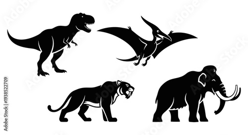 Prehistoric Animals Silhouettes Set: Dinosaur, Pterodactyl, Saber-tooth, Mammoth