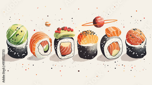 Artistic sushi rolls with various toppings and cosmic elements on neutral backdrop