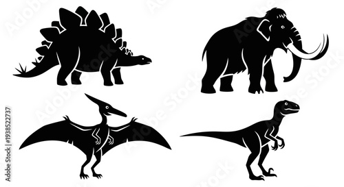 Prehistoric Animals Silhouettes Set: Dinosaurs and Mammoth Black Icons on White Background