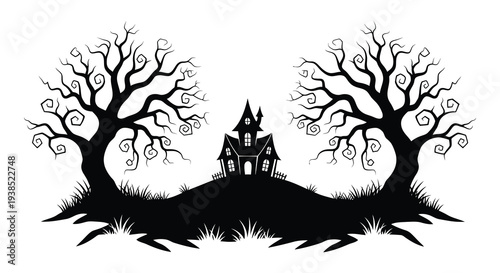 A spooky illustration depicts a haunted house nestled between two gnarled bare trees on a hill