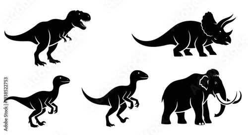 Prehistoric Animals Silhouettes Set: Dinosaurs and Mammoth Icons Collection