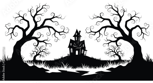 A spooky haunted house is framed by silhouetted gnarled trees and a dark atmospheric landscape