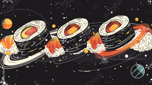 Cosmic sushi rolls floating in space on a black background illustration
