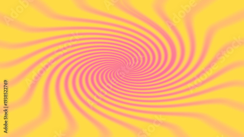 Abstract optical illusion background with pink yellow swirling spiral rays, pulsating vortex motion, and vibrant geometric decorative layout