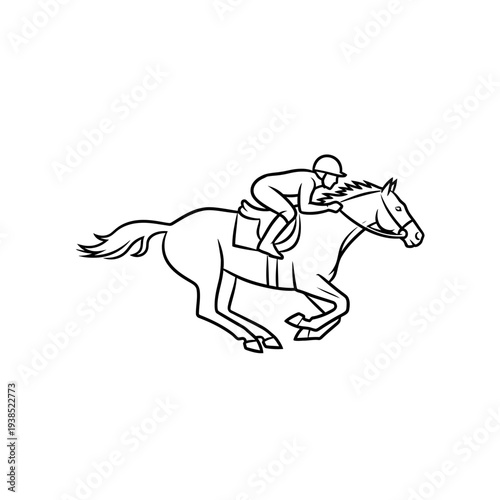 Simple line drawing of a jockey riding a galloping horse.