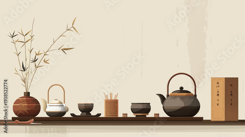 Minimalist tea ceremony illustration featuring teapot cups and plant elements