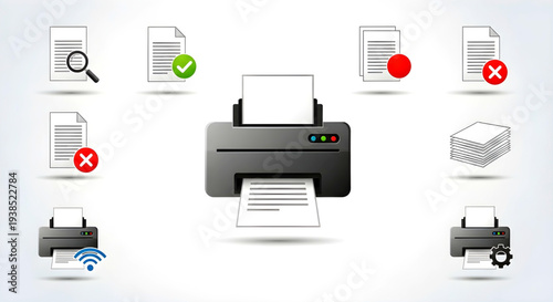 Modern office printer in operation surrounded by various icons representing document management and printing processes in a clean digital illustration from a straightforward viewpoint.