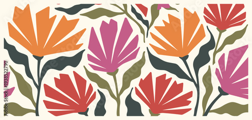 Stylized floral arrangement with sharp petals in warm colors on a cream background pattern illustration