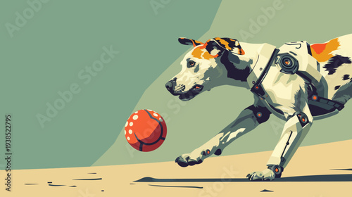 Dog playing with ball digital illustration of robotic pet with orange sphere