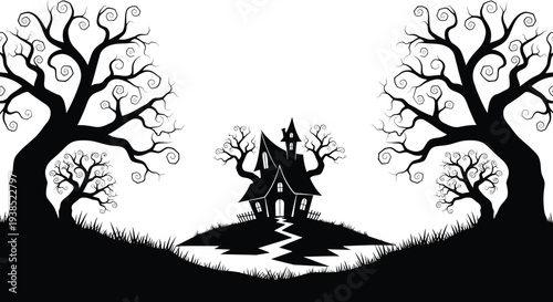 A spooky illustration depicts a haunted house nestled between silhouetted trees and a grassy hill