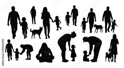 Black silhouettes depict diverse family groups including parents children and pets walking and interacting high quality