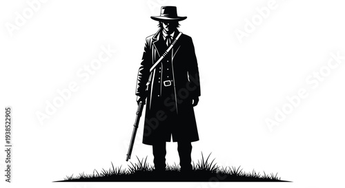 A stark black and white illustration depicts a lone cowboy standing in a grassy field high quality professional