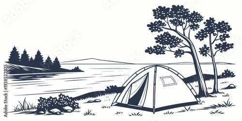 A serene campsite nestled in the wilderness with a tent and scenic landscape Vector