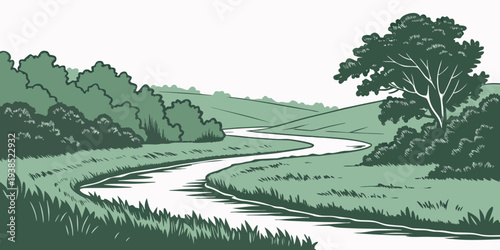 A serene landscape of a winding river flowing through a lush green valley with trees. Vector