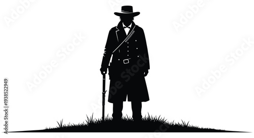 A striking silhouette of a cowboy standing in a field holding a rifle and wearing a hat