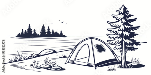 A serene campsite nestled in a forest with a tent and scenic background Vector