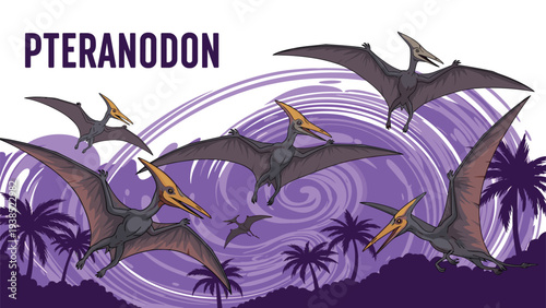Group of prehistoric pteranodons flying over a tropical landscape with palm trees against a vibrant purple sky.