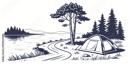 A serene landscape with winding paths and lush trees in a peaceful park setting Vector