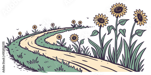 A whimsical illustration of a winding path through a vibrant meadow filled with colorful flowers. Vector