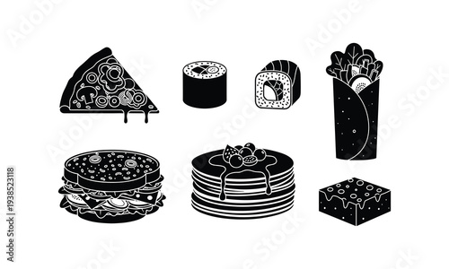 Assortment of fast food and dessert items in black and white