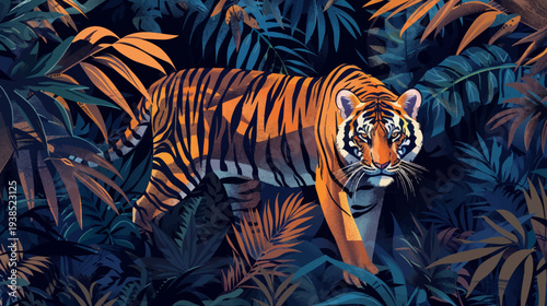 Striking tiger prowling through lush foliage illustration vibrant colors