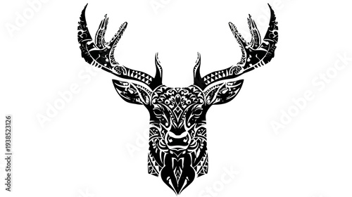 A stylized black and white illustration of a deer head with intricate tribal-inspired designs