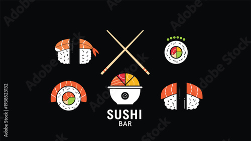 Collection of stylized sushi bar graphic icons featuring maki rolls and traditional japanese cuisine elements.