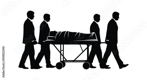 A group of suited figures solemnly carry a coffin on a stretcher depicted in silhouette