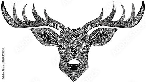 A detailed black and white illustration of a deer head, featuring intricate geometric patterns