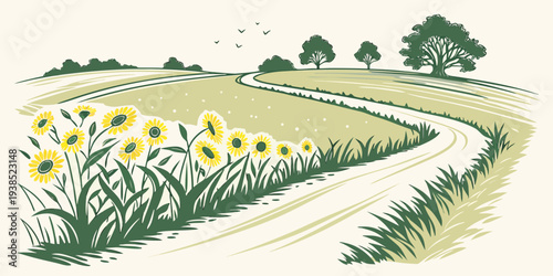 A serene countryside landscape with wildflowers and a winding path Vector
