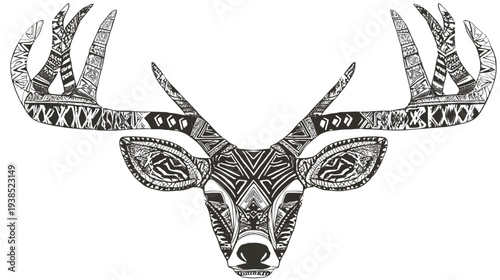 A detailed, black and white illustration depicting a stylized deer head with intricate patterned antlers