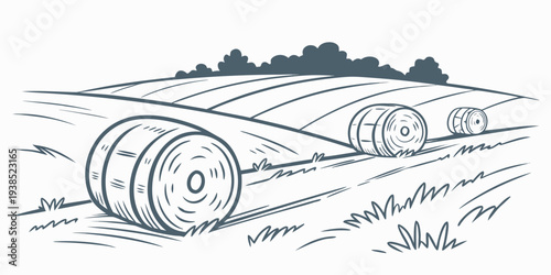 A serene landscape with rolling hills and large wooden barrels in the foreground Vector