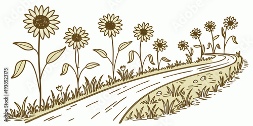 A field of wildflowers with a winding path and a clear blue sky Vector