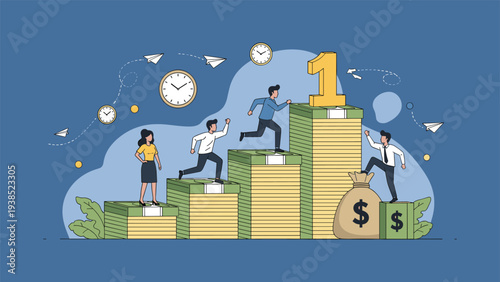 Ambitious professionals climbing stairs made of money stacks towards the number one to achieve financial success.