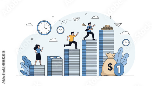 Ambitious team members racing up growing stacks of financial assets to reach the top in a competitive market.