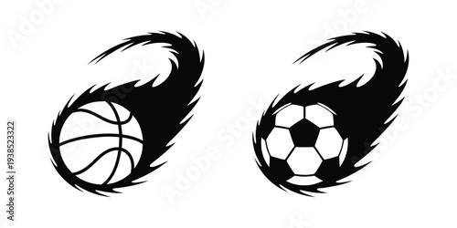 Flaming Basketball and Soccer Ball Vector Icons, Dynamic Fire Comet Trail Sports Graphics Isolated on White Background