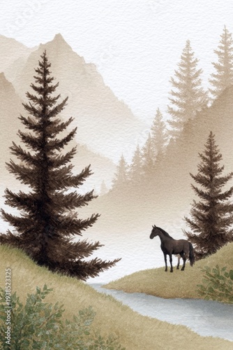 a vintage watercolor art of an elegant horse in the distance, with pine trees and a river nearby, in a sepia tone.
