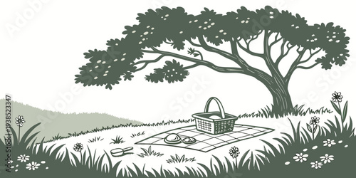 A serene landscape with a tree on a hill overlooking a vast valley and distant mountains Vector