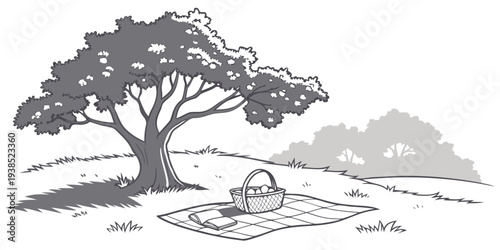 A majestic tree standing tall in a serene landscape with mountains in the distance Vector