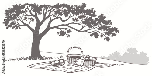 A serene landscape with a tree, a bench, and a cozy atmosphere. Vector
