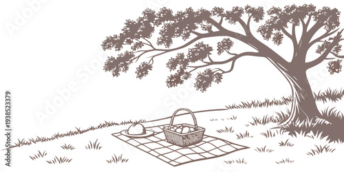 A serene landscape with a tree, a river, and a small boat in the distance Vector