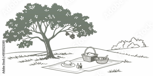A picturesque landscape featuring a solitary tree on a hill with scattered rocks and shrubs Vector