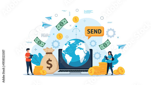 Global money transfer concept showing people sending currency around the world using modern digital technology.