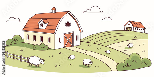 A picturesque countryside scene with houses, mountains, and a clear blue sky. Vector