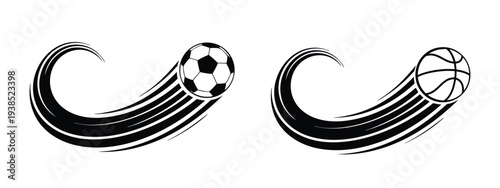 Soccer and Basketball Motion Trails Vector Set, Dynamic Flying Sports Balls with Speed Swoosh Lines Isolated on White