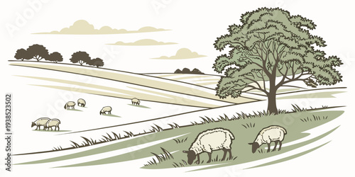 A picturesque countryside scene with a winding road and a large tree in the background. Vector